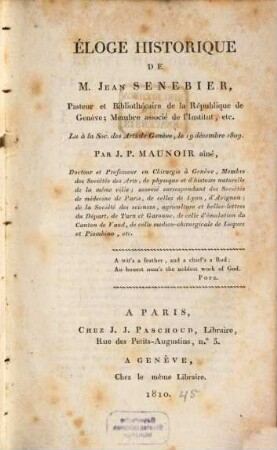 Eloge historique de M. Jean Senebier