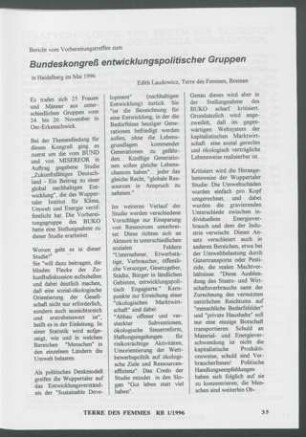 Bericht zum Vorbereitungstreffen zum Bundeskongreß entwicklungspolitischer Gruppen in Heidelberg im Mai 1996