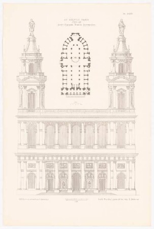 St. Sulpice, Paris: Ansicht, Grundriss (aus: Baukunst d. Renaissance in Frankreich, hrsg. v. Zeichenaussch. d. Stud. d. TH Berlin, 1875)