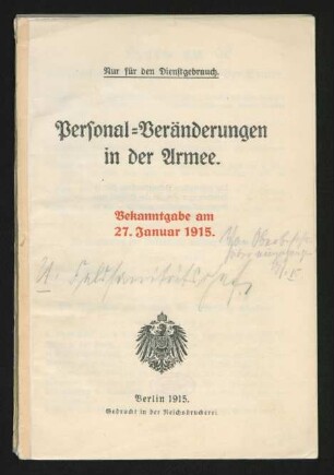 Personal-Veränderungen in der Armee : Bekanntgabe am 27. Januar 1915