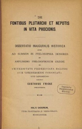 De fontibus Plutarchi et Nepotis in vita Phocionis