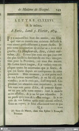 Lettre CLXXXVI. A la même. A Paris, Lundi 5. Février, 1674