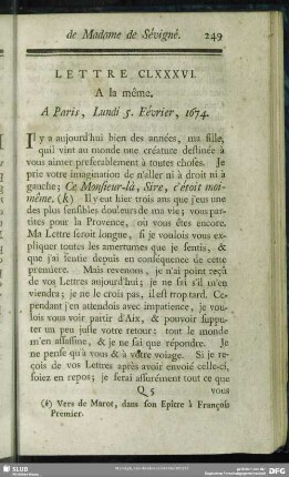 Lettre CLXXXVI. A la même. A Paris, Lundi 5. Février, 1674
