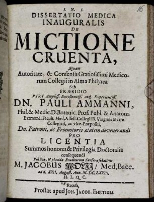 Dissertatio Medica Inauguralis De Mictione Cruenta