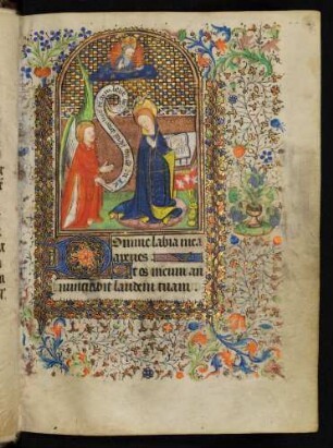 Vollbordürenseite mit Miniatur (Verkündigung), Initiale D und Fadenrankenbordüre