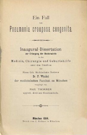 Ein Fall von Pneumonia crouposa congenita : Inaug.-Diss.