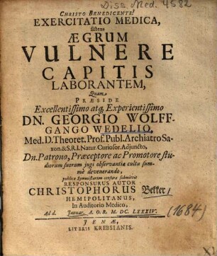 Exercitatio Medica, sistens Aegrum Vulnere Capitis Laborantem