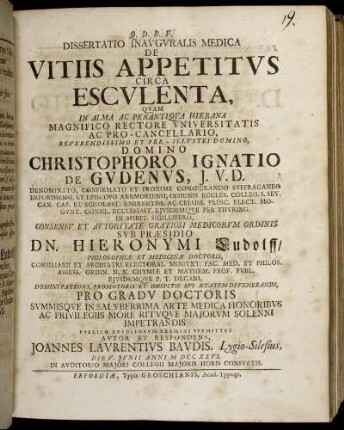 Dissertatio Inauguralis Medica De Vitiis Appetitus Circa Esculenta