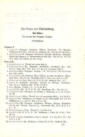 Die Fauna von Württemberg. Die Käfer. (2. Fortsetzung)