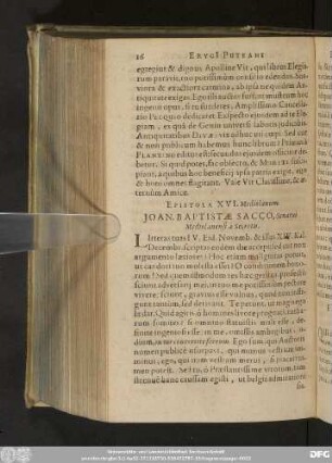 Epistola XVI. Mediolanum. Ioan. Baptistae Sacco, Senatui Mediolanensi à Secretis.