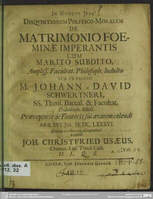 Disquisitionem politico-moralem de matrimonio foeminae imperantis cum marito subdito