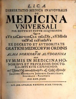 Diss. med. inaug. de medicina universali, per motum et potum acquirenda