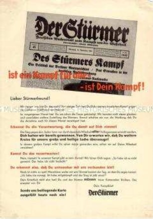 Werbeblatt für die antisemitische Hetzzeitschrift "Der Stürmer"