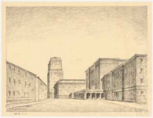 Stadthalle und Rathaus, Dortmund. Zum Projekt gehörend: Hermann Jansen, Bebauungsplan Dortmund: Innenstadt, Rathaus und Stadthalle, perspektivische Ansicht von Westen