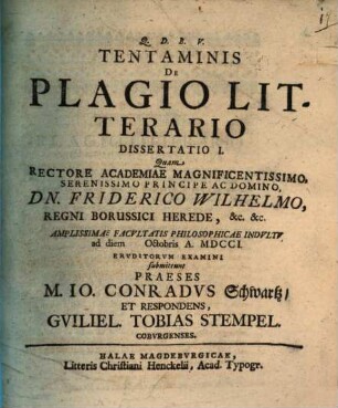 Tentaminis de plagio litterario diss. I.