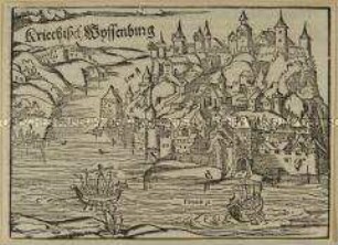 Griechisch Weißenburg (Belgrad), Stadtansicht mit Save und Donau (Bezug: Belagerung durch die Türken) - aus Münster/Cosmographia