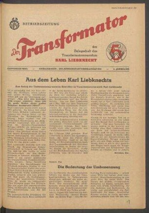TRO-Betriebszeitung 'Der Transformator'; keine Angabe zur Ausgabenummer (10)/1951 (September 1951)