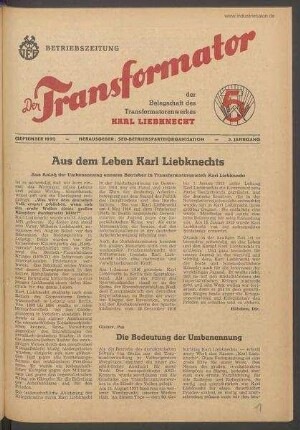 TRO-Betriebszeitung 'Der Transformator'; keine Angabe zur Ausgabenummer (10)/1951 (September 1951)