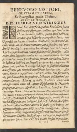 Benevolo Lectori, Gratiam Et Pacem, ... D. Jo. Henricus Feustkingius