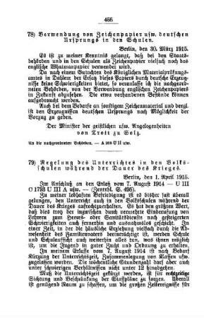 Regelung des Unterrichtes in den Volksschulen während der Dauer des Krieges : [D. Allgemeine Angelegenheiten der Unterrichtsanstalten]