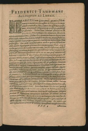 Friderici Taubmani Alloquium Ad Librum.