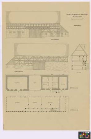 Niederlungwitz ([Amtshauptmannschaft] Glauchau):Kleindienst. [Pferdestall] (Süd-Seiten-Ansicht, Nord-Seiten-Ansicht, Querschnitt, Grundriss des Erdgeschosses, Grundriss des Obergeschosses)
