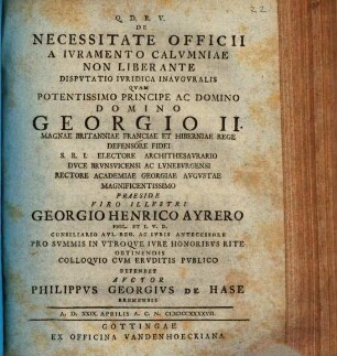 De Necessitate Officii A Ivramento Calvmniae Non Liberante Dispvtatio Ivridica Inavgvralis