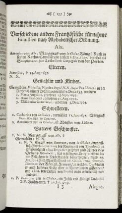 Verschiedene andere Frantzösiche fürnehme Familien nach Alphabetischer Ordnung.