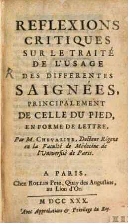 Réflexions critiques sur le Traité de l'usage des différentes saignées