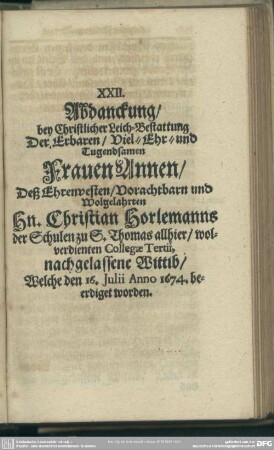 XXII. Abdanckung, ... Frauen Annen, deß ... Hn. Christian Horlemanns ... Wittib