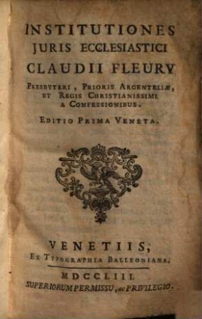 Institutiones iuris ecclesiastici Claudii Fleury