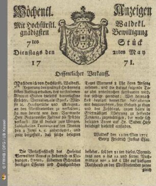 7tes Stück, Dienstags den 21ten May 1771