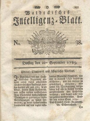 No. 38, Dinstag den 22ten September 1789