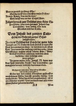 Vom Inhalt des gantzen Catechismi/ ein Gesprech zweyer Schuljungfrawen.