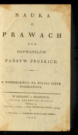 Nauka O Prawach Dla Obywatelów Państw Pruskich : Z Niemieckiego Na Polski Język Przełożona