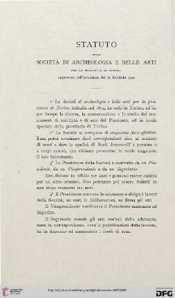 Statuto della Società di archeologia e belle arti per la provincia di Torino approvato nell'adunanza del 25 febbraio 1902