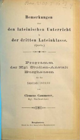 Bemerkungen über den lateinischen Unterricht in der dritten Lateinklasse : Quarta