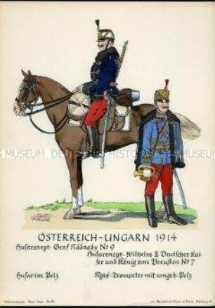 Uniformdarstellung, Husar und Trompeter verschiedener Husaren-Regimenter, Kaiserreich Österreich, 1914.