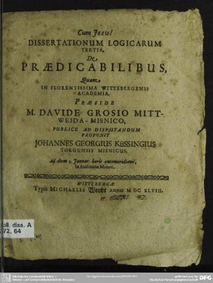 3: Dissertationum logicarum ... de praedicabilibus