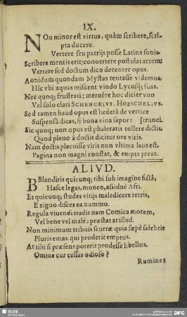 IX. Non minor est virtus, quam scribere, scripta docere