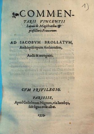 Commentarii Vincentii Lupani de magistratibus et praefecturis Francorum, 1