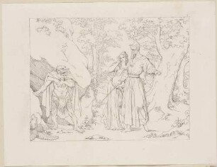 Zu Shakespeares "Der Sturm", Blatt 4, 1. Akt, 2. Szene: Caliban tritt vor Prospero und Miranda aus seiner Höhle
