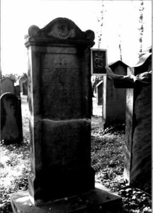 Grabstein 263 (Index: 100112086) Material: Sandstein Zustand: quer gebrochen und repariert mit Textverlust Maße HxBxT: 163x62x18 cm Beschreibung: Stele, Sockel, Abdeckplatte mit Konvexbogenaufsatz mit Eckakroteren, rechteckiges Schriftfeld eingetieft Symbolik: Blüte: Grabstein 263
