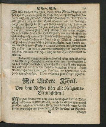 Der Andere Theil. Von dem Richter über alle Religions-Streitigkeiten.