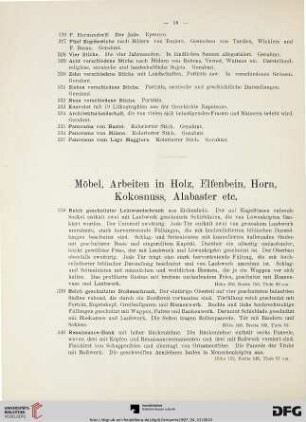 Möbel, Arbeiten in Holz, Elfenbein, Horn, Kokosnuss, Alabaster etc. (Nr. 338-430)