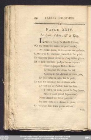 Fable XXIV. Le Lion, l'Ane, & le Coq.