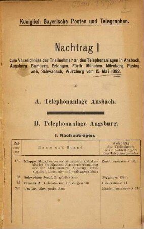 Verzeichnis der Teilnehmer an den Ortstelephonnetzen in Bayern. 1892, Nachtr. 1 - 9