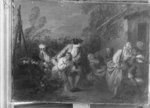 Illustrationen zum "Roman comique" von Scarron — Szene vor einem Bauernhaus, Ragotin im Hemd aus dem Gebüsch gezerrt