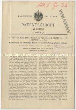 Patentschrift einer Sperrvorrichtung an selbsttätigen Waagen zur Gewichtsbestimmung gefahrener Ladungen, Patent-Nr. 124750