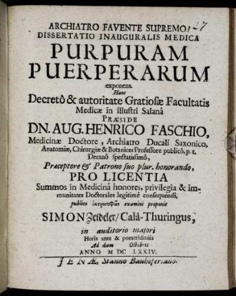 Dissertatio Inauguralis Medica Purpuram Puerperarum exponens